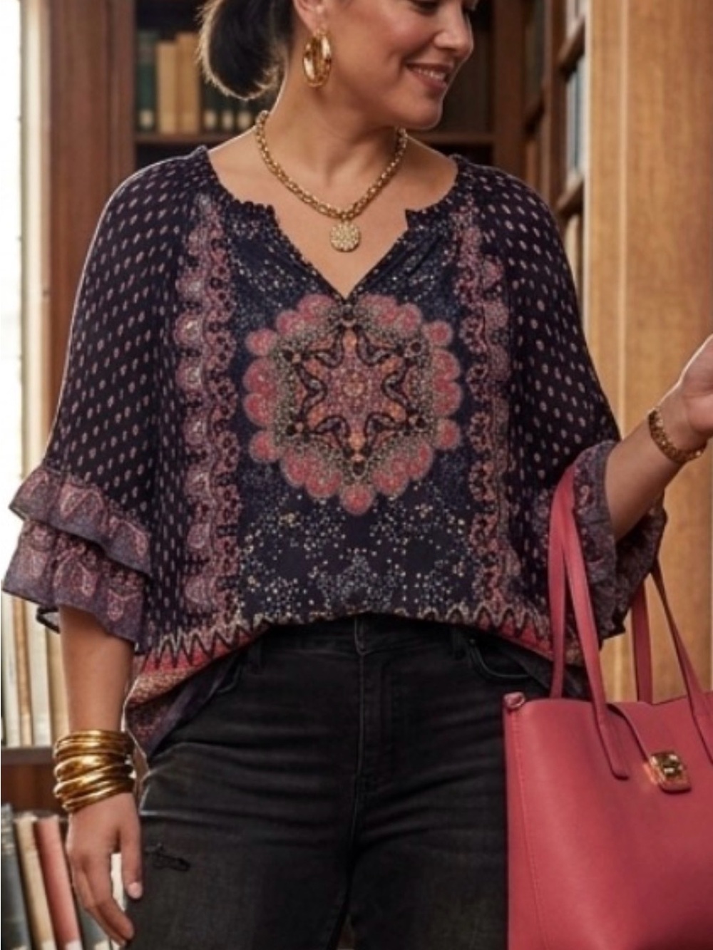 Bila Navy and Pink Printed Boho Blouse
